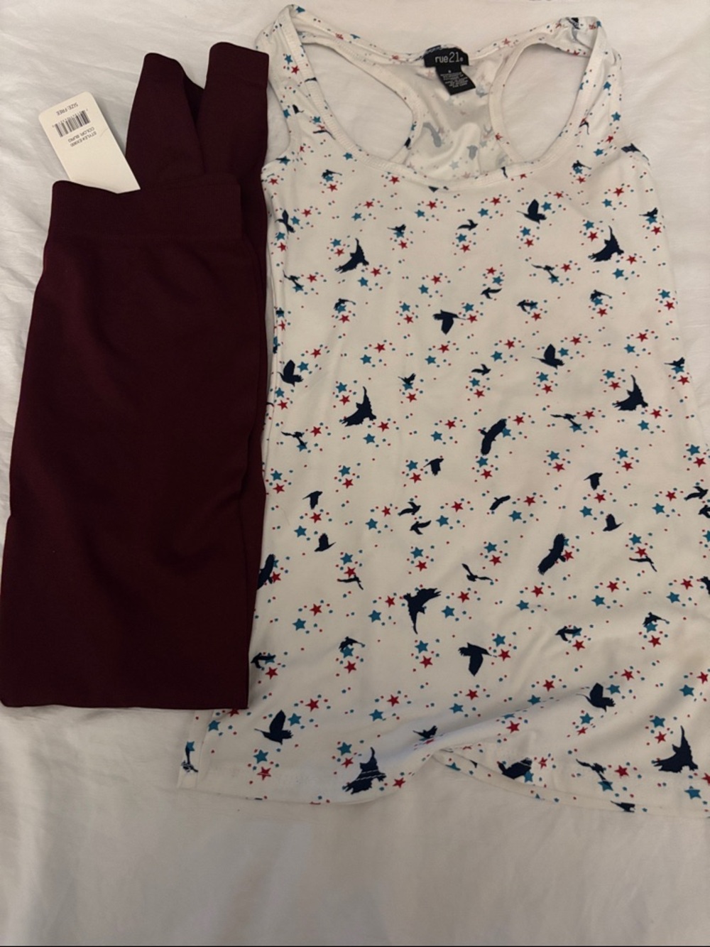 Rue21 White Bird & Star Racerback Tank with Burgundy Leggings one size fits